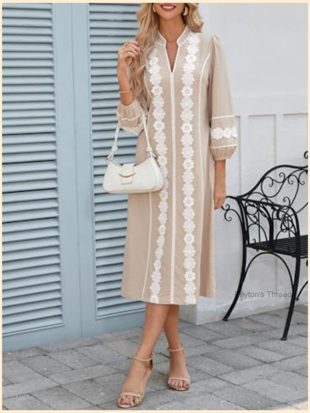 Embroidered Lace Floral Tunic Dress 3/4 Puff Sleeve V Neck Midi - Picture 2 of 6
